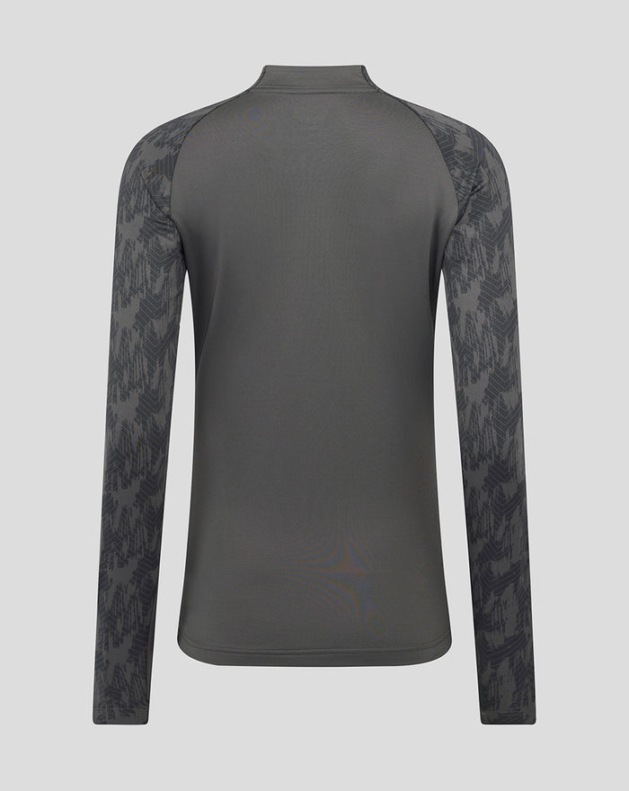 Back view of a dark gray Feyenoord training midlayer top with patterned sleeves.
