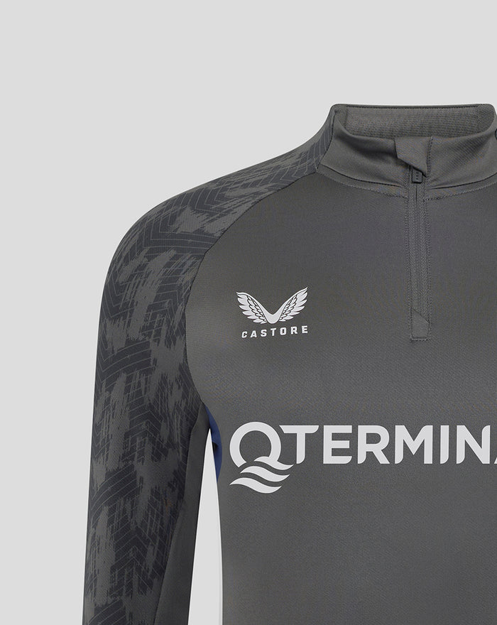 Shoulder and chest close-up highlighting Castore logo and a geometric sleeve pattern on the Feyenoord training midlayer.