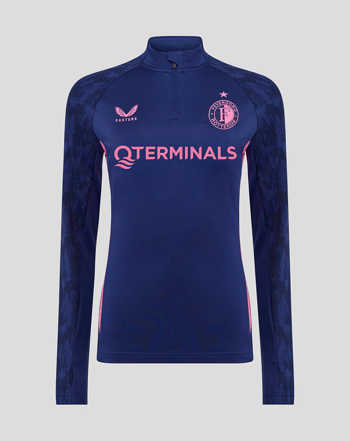 Front view of navy Feyenoord women's training midlayer top with pink QTERMINALS across chest, Castore logo left and Feyenoord crest right