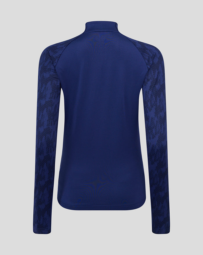 Back view of navy Feyenoord women's training midlayer top with patterned sleeves