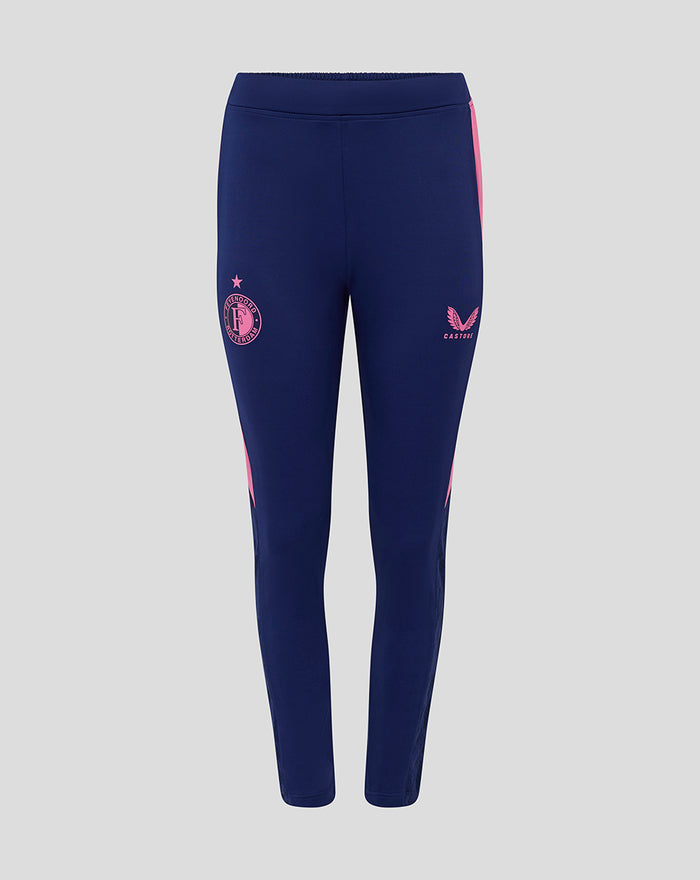 Front view of navy training pants with pink side panels; Feyenoord crest on left thigh and Castore logo on right thigh.
