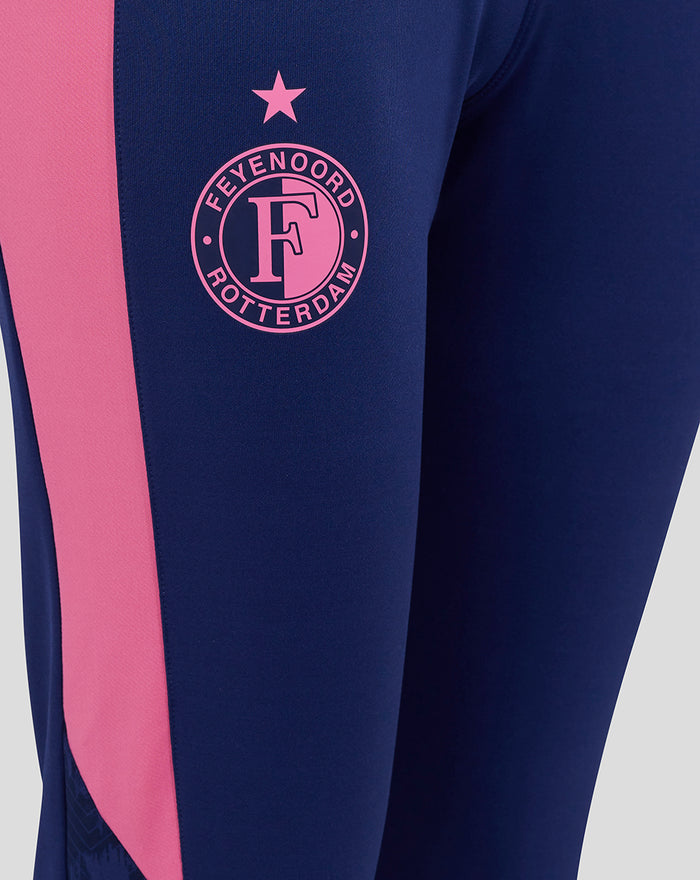 Close-up of Feyenoord logo on navy training pants with pink side stripe