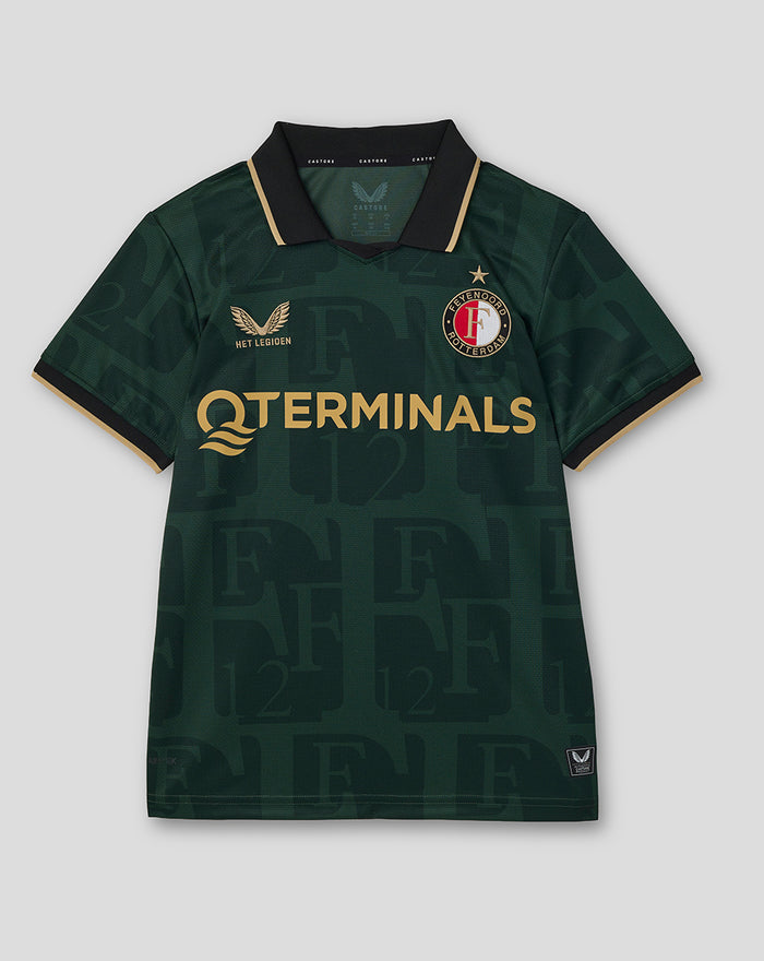 Dark green Feyenoord jersey with gold trimmed collar and cuffs, club crest on the chest, Het Legioen emblem, and QTERMINALS across the front