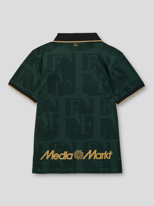 Back view of dark green Feyenoord jersey with XII in gold at the neck and black and gold collar trim