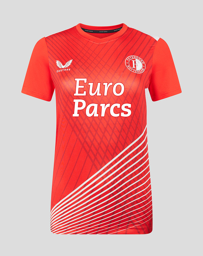 Dames Feyenoord warm-up T-shirt rood met V hals, clubembleem links op de borst en diagonale lijnen