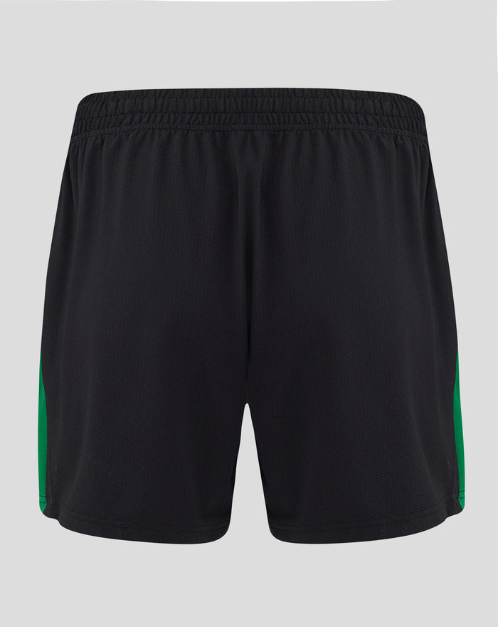 Zwarte Feyenoord vrouwenuitshort met elastische tailleband en groene zijpanelen.