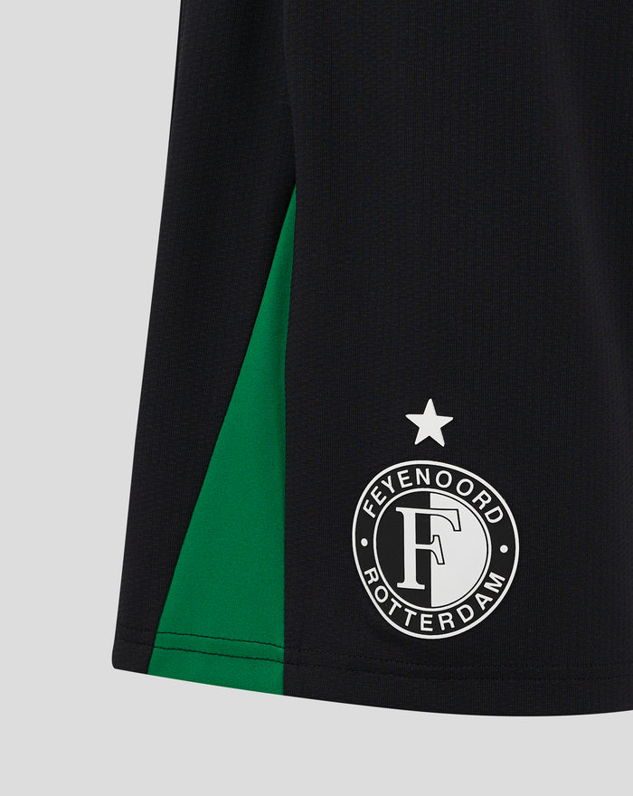 Lower front of black Feyenoord Pro away shorts for women with a green stripe a white star and club crest