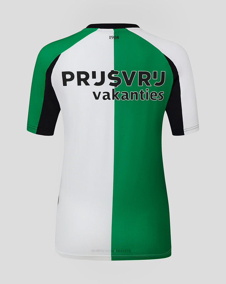 Back view of a Feyenoord Pro Third shirt for women with bold green white panels and large typography on the back