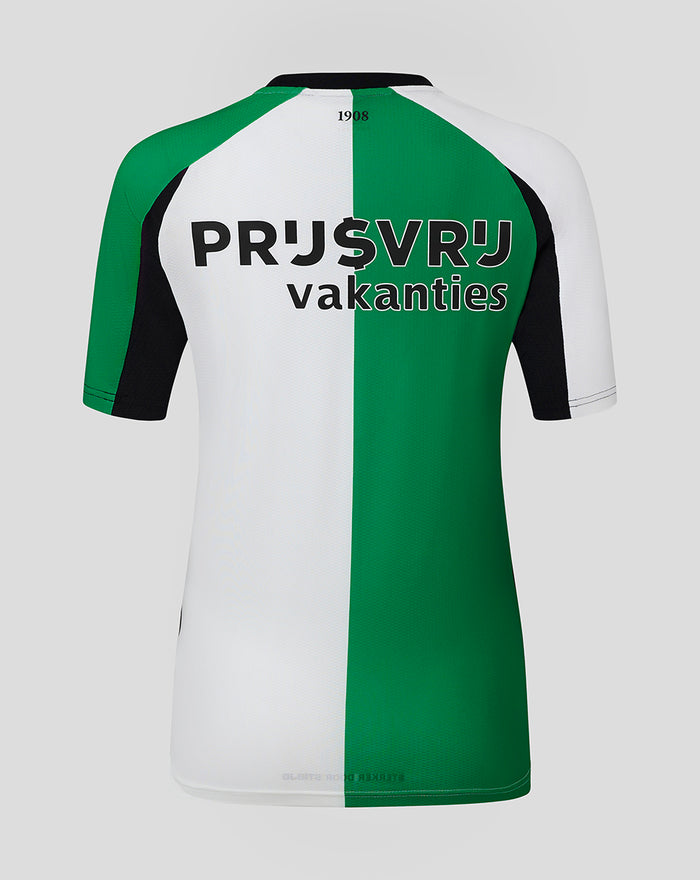 Back view of a Feyenoord Pro Third shirt for women with bold green white panels and large typography on the back