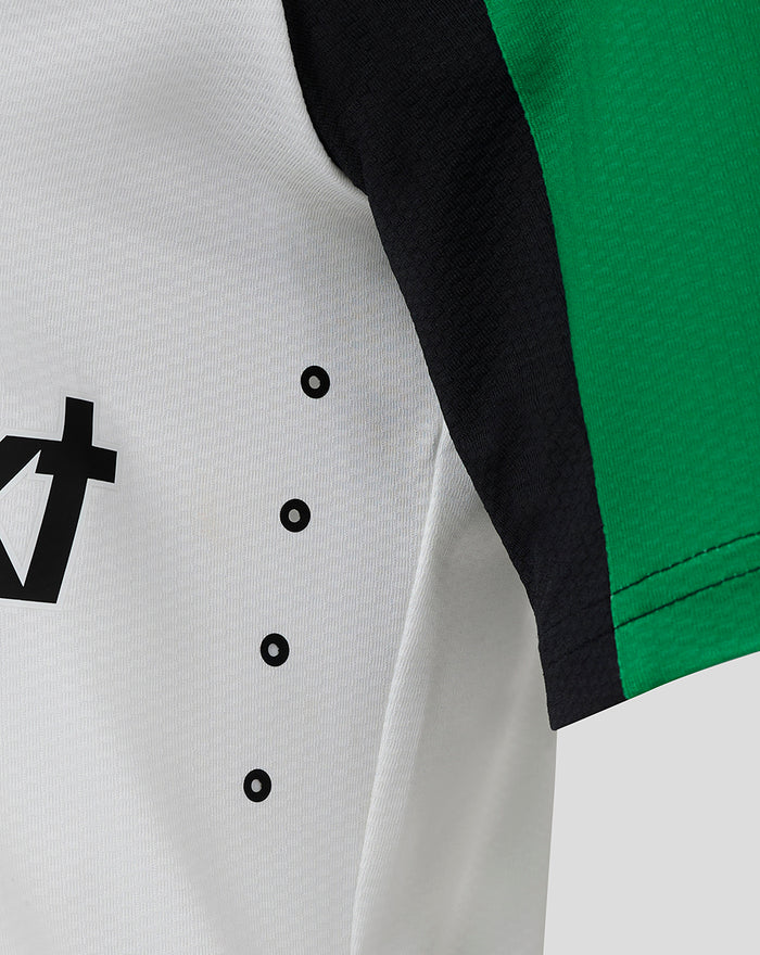 Close up of white Feyenoord Pro Third Shirt fabric with ventilation holes and partial black lettering
