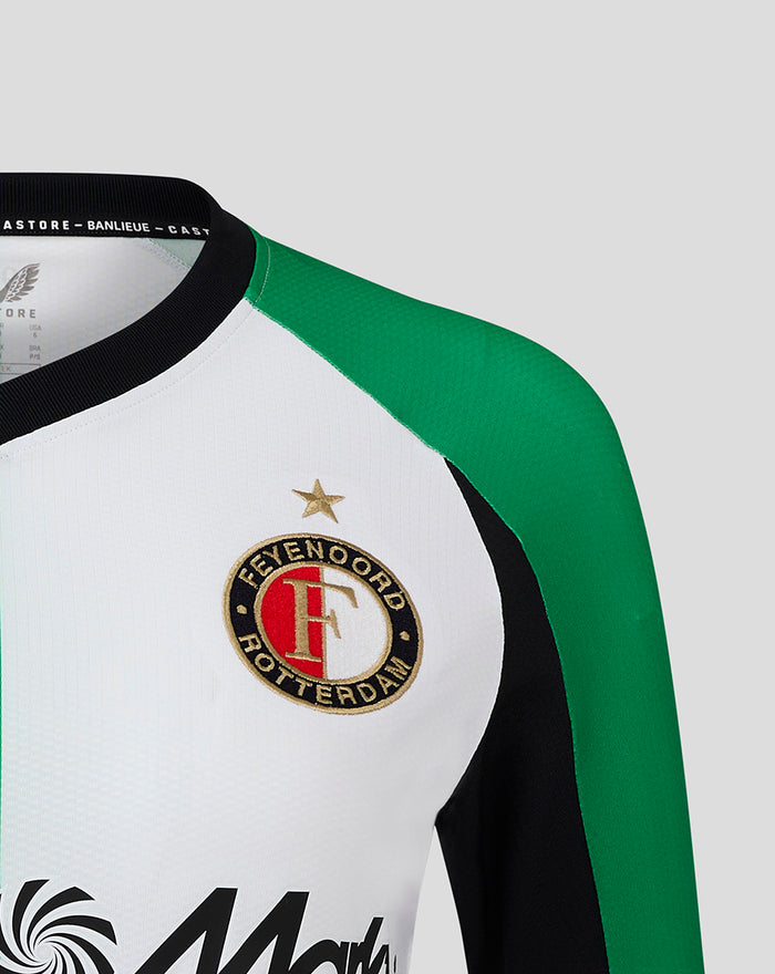 Close up of white and green Feyenoord Pro Third Shirt for women showing crest on chest and black collar