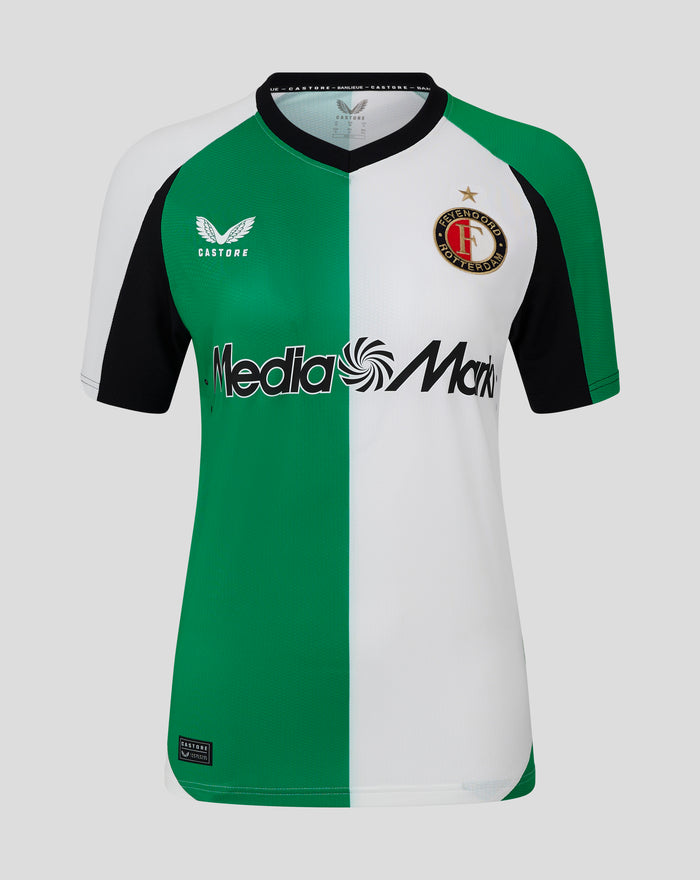 Front view of Feyenoord Pro Derde Shirt 2024-2025 women Europe with green white split, crest and Media Markt logo.