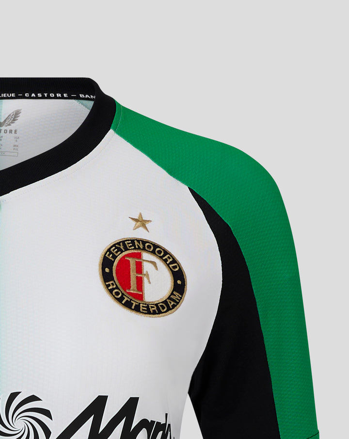 Lower front view of Feyenoord Pro Derde Shirt 2024-2025 for women with white and green panels and large Media Markt logo.