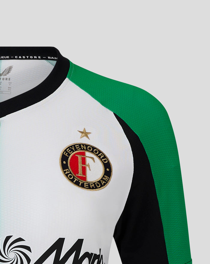 Lower front view of Feyenoord Pro Derde Shirt 2024-2025 for women with white and green panels and large Media Markt logo.