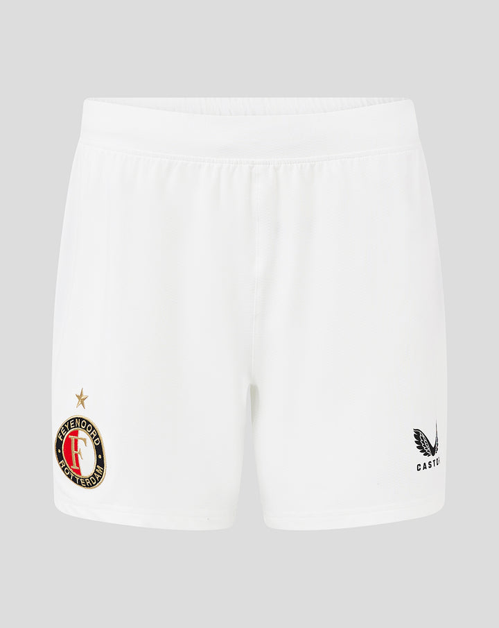 Front view of white Feyenoord Pro women's third shorts with crest on the left leg.