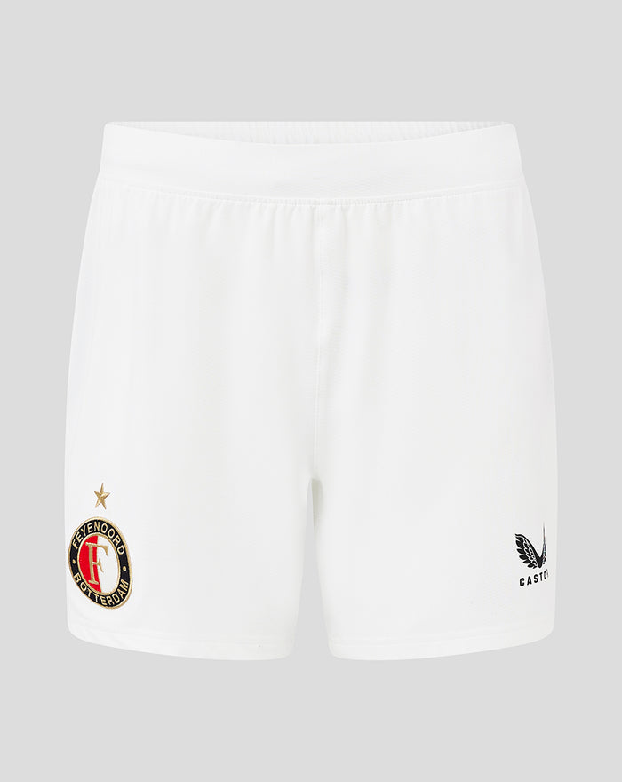 Front view of white Feyenoord Pro women's third shorts with crest on the left leg.