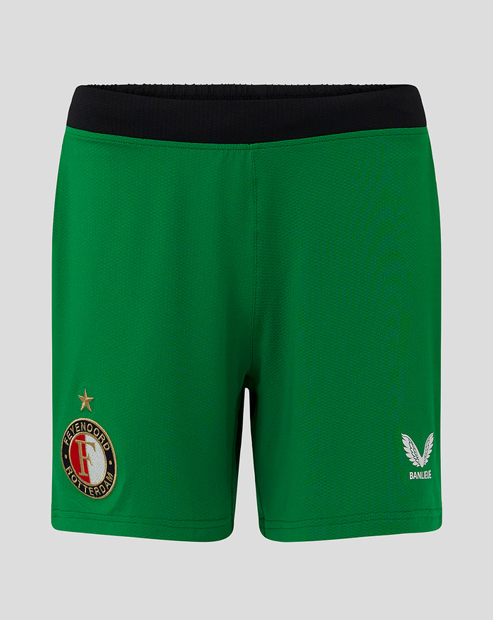 Front view of green Feyenoord Pro Derde Short for women with black waistband, showing crest on the right thigh and Castore logo on the left.