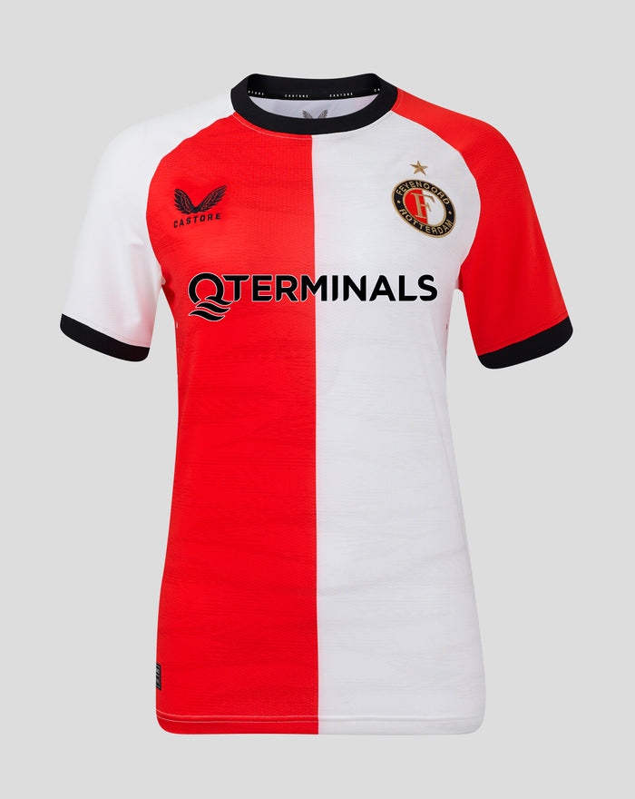 Feyenoord thuisshirt voor vrouwen 2024-2025 met rood wit blokdesign en geborduurd clublogo op de linkerborst
