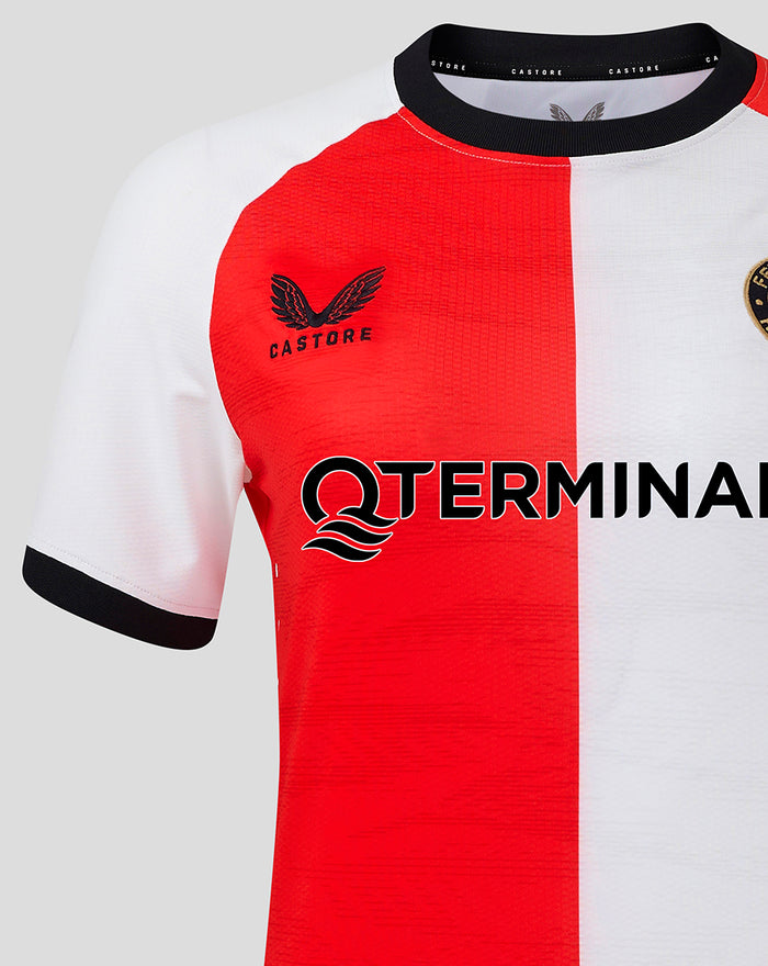 Feyenoord 2024-2025 women's home shirt with red and white split design and bold QTERMINALS logo across the front and embroidered club crest on the left chest