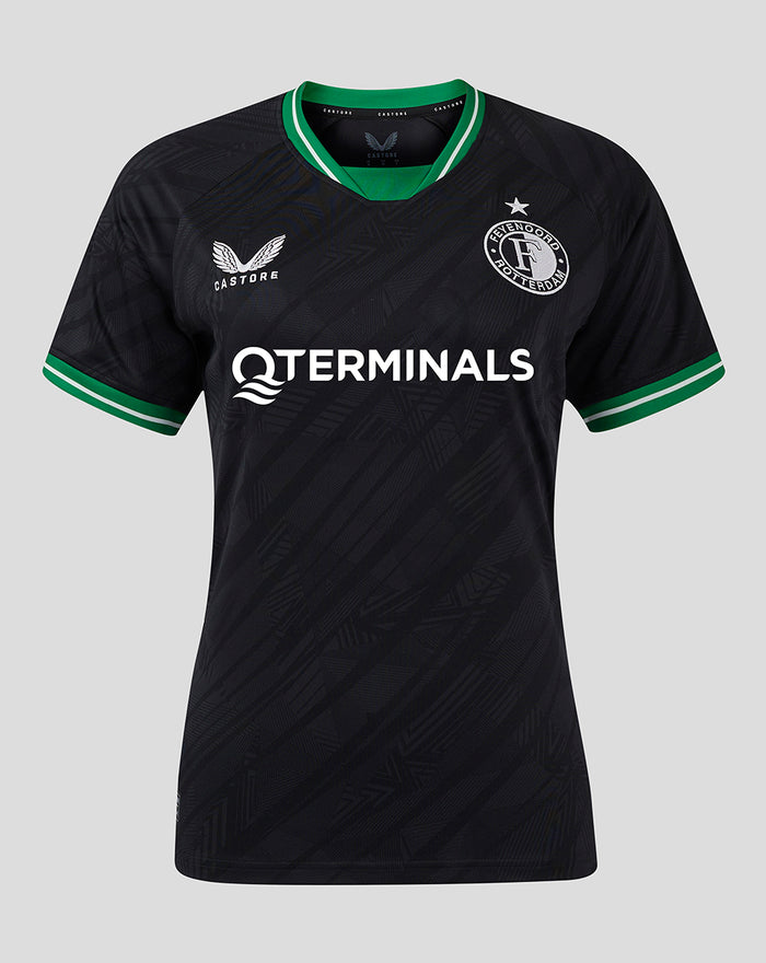 Feyenoord 2024-2025 women's away shirt in dark pattern with green collar and sleeve trim and QTERMINALS across the chest beside the club crest on the left