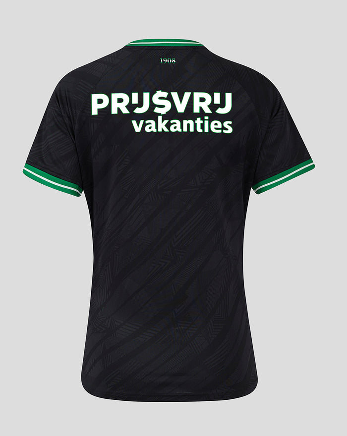Back view of Feyenoord 2024–2025 women's away jersey in black with green sleeve trim and bold lettering on the back.