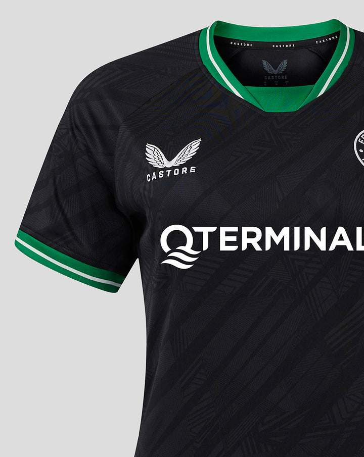 Detail of the Feyenoord away jersey with crest on the left chest and bold QTERMINALS across the front plus green trim.