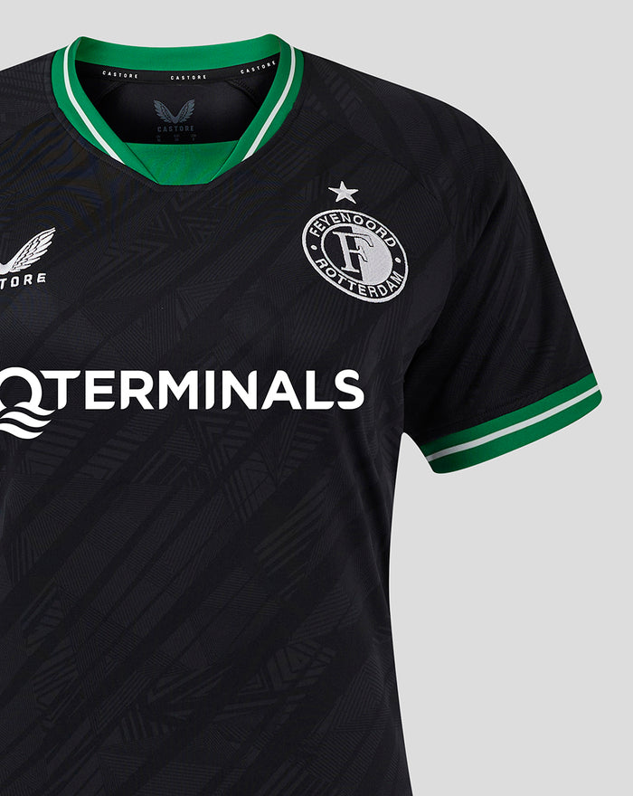 Close up of Feyenoord away jersey front showing crest on the left chest and large QTERMINALS sponsor text.