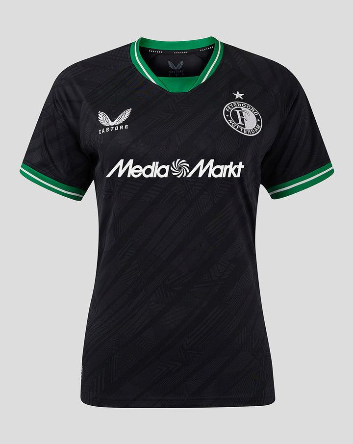 Feyenoord 2024–2025 women's away jersey in black with green trim and MediaMarkt sponsor on front.