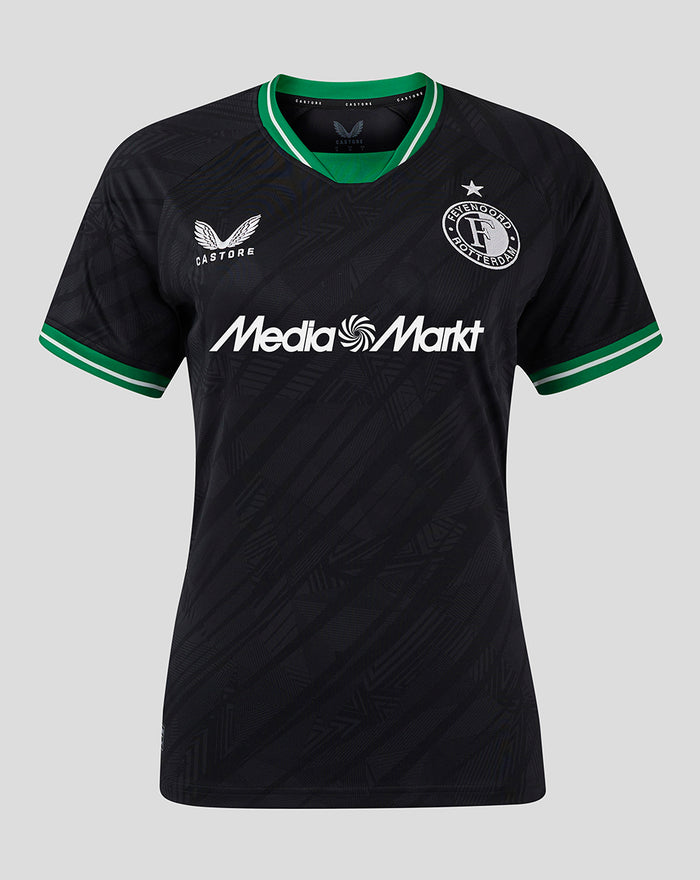 Feyenoord 2024–2025 women's away jersey in black with green trim and MediaMarkt sponsor on front.