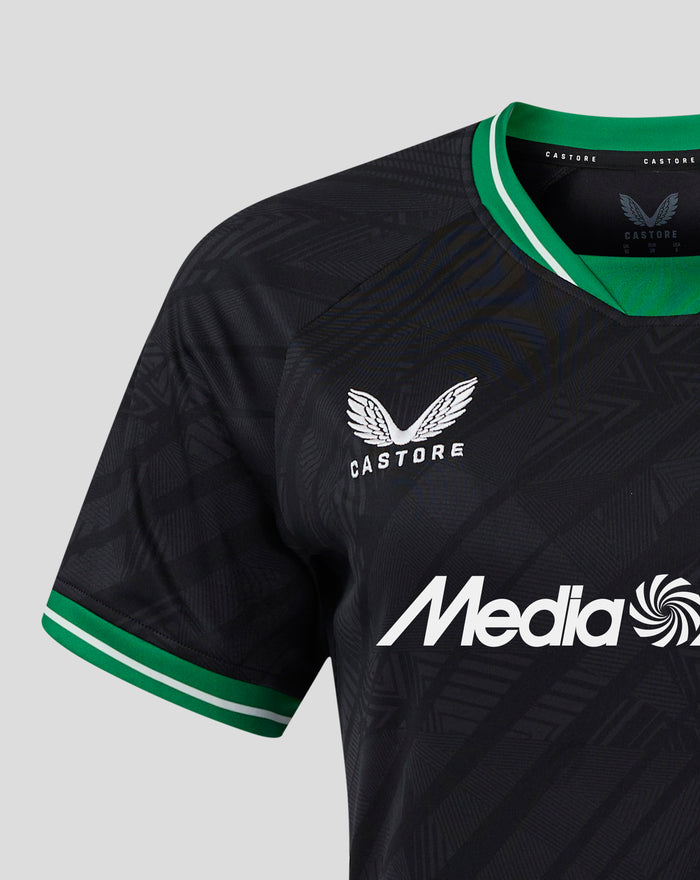 Zwart Feyenoord uitshirt met groene kraag en linker borst badge, CASTORE label in nek en MediaMarkt sponsor zichtbaar.