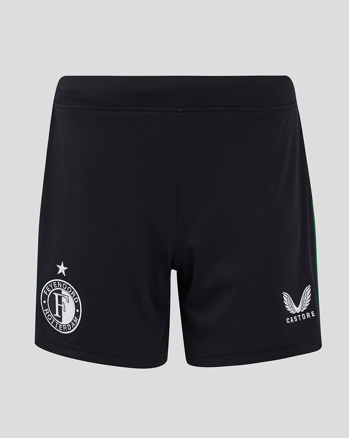 Feyenoord Uitshort 2024-2025 womens shorts in black with left club crest right Castore logo and subtle green side panels.