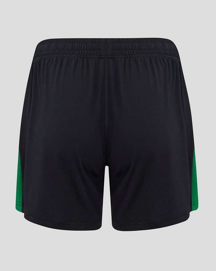 Back view of black Feyenoord women's shorts with a green side stripe and elastic waistband