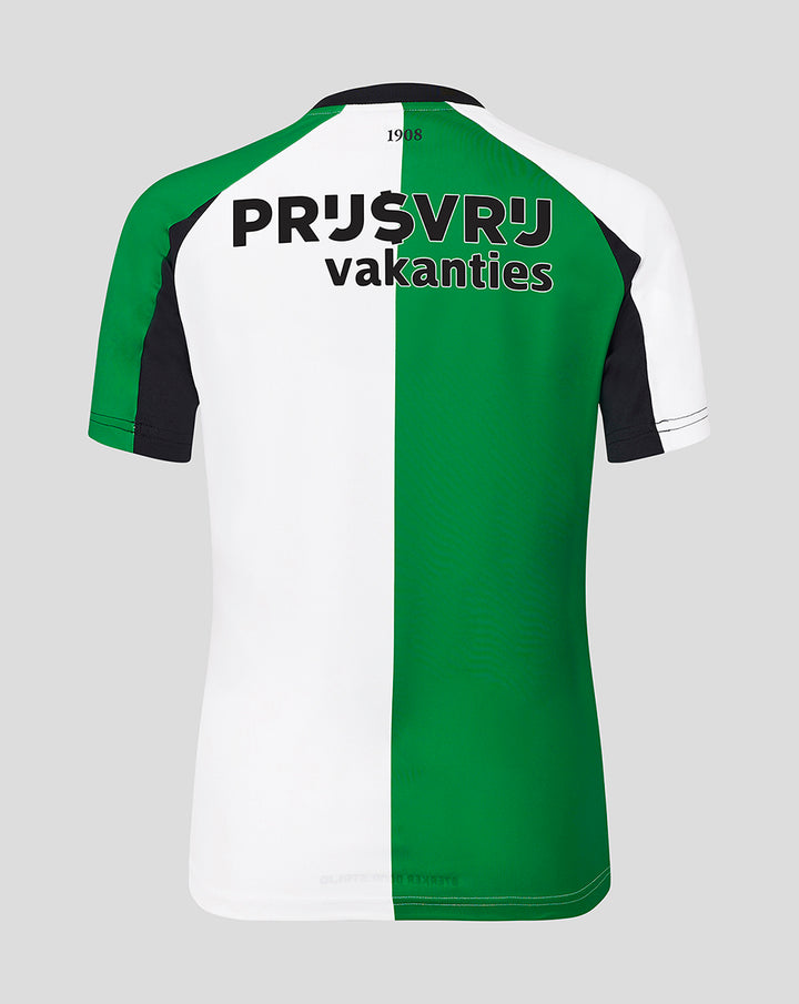 Back view of the Feyenoord green and white third shirt with a vertical color split and sponsor lettering across the upper back.