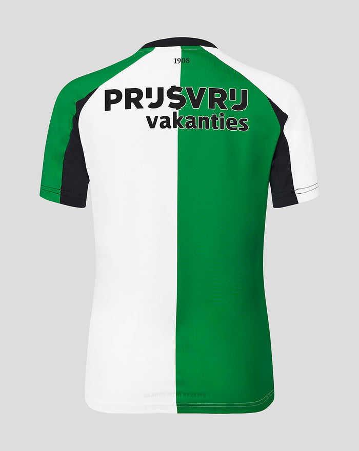 Back view of the Feyenoord green and white third shirt with a vertical color split and sponsor lettering across the upper back.