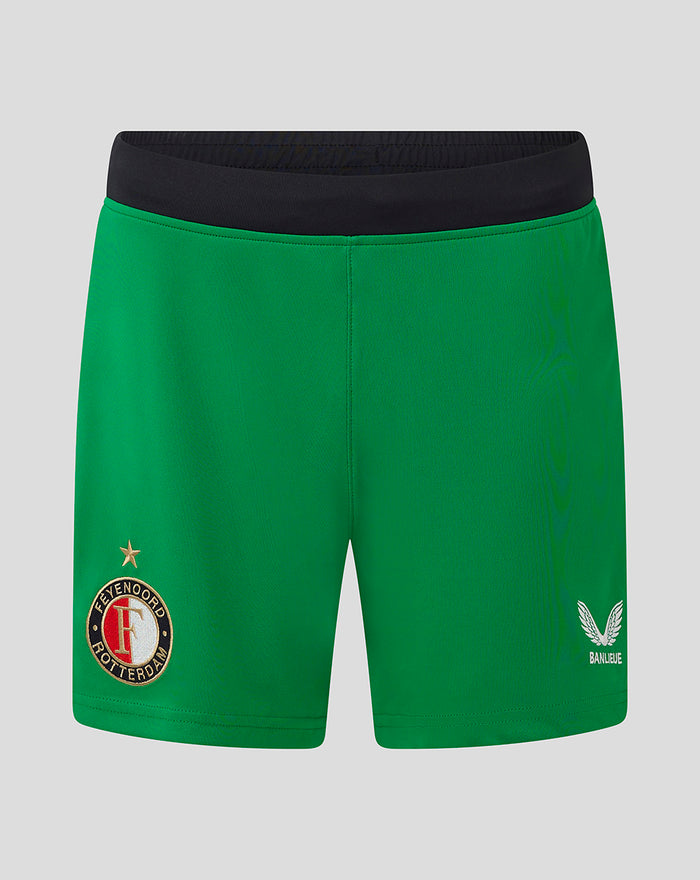 Green Feyenoord third shorts for women with black waistband and embroidered club crest on the left leg and Banlieue logo on the right.