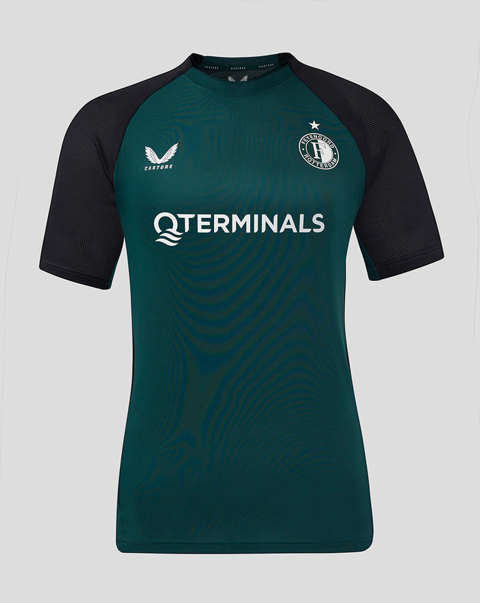 Front view of teal Feyenoord Pro Coach Training T-shirt for women with black raglan sleeves and club crest on the left chest