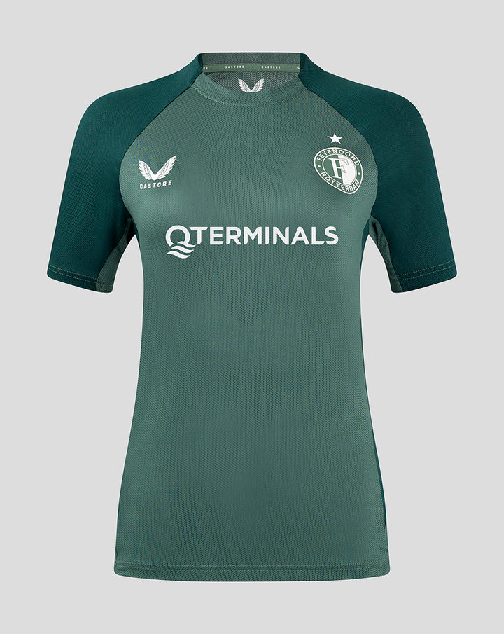 Front view of a green Feyenoord Pro Speler Training T shirt for women with the club crest on the left chest and sponsor text across