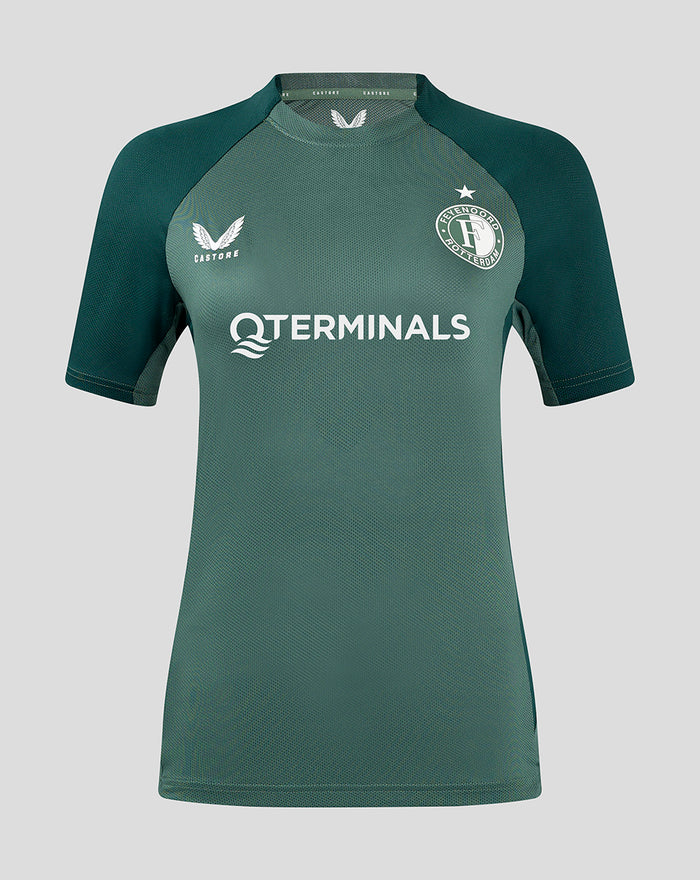 Front view of a green Feyenoord Pro Speler Training T shirt for women with the club crest on the left chest and sponsor text across
