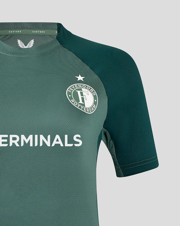 Front detail of Feyenoord women's training shirt showing the left chest crest and sponsor text across