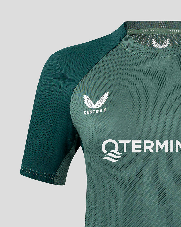 Front view of a women's Feyenoord Pro Speler Training T shirt in green with club crest on left chest and Castore logo.