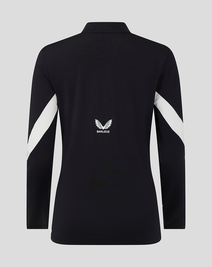 Back view of a black Feyenoord Banlieue top with white diagonal sleeve panels and a small BANLIEUE logo on the back