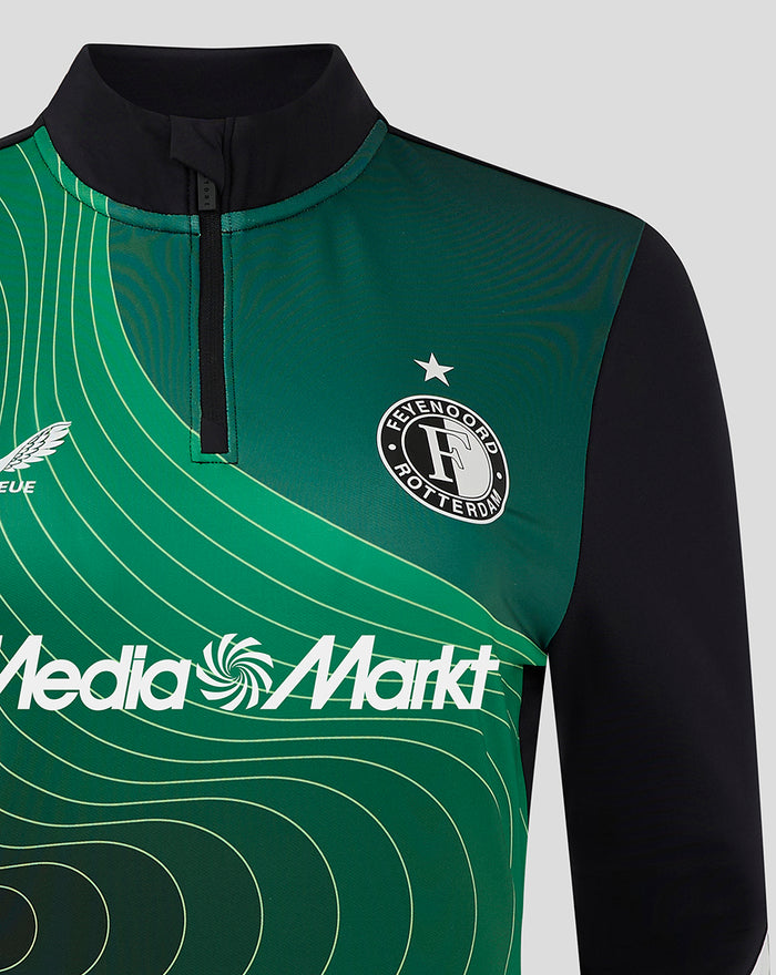 Front view of the green and black Feyenoord Banlieue top with a quarter zip collar, club crest and sponsor logo