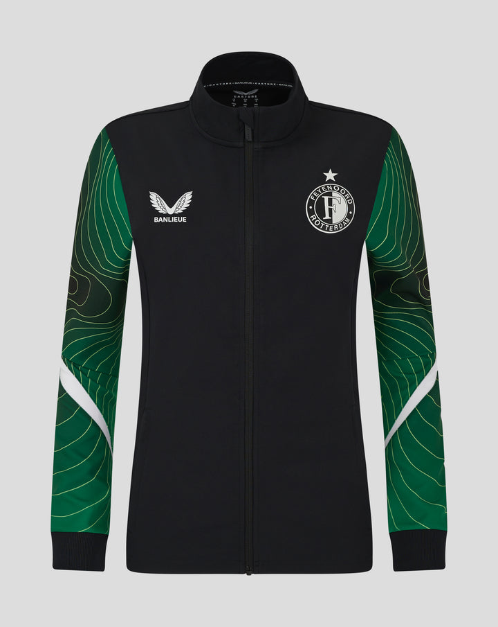 Black zip front Anthem jacket for women with green sleeves and white accents, Banlieue logo on the chest and the Feyenoord crest.