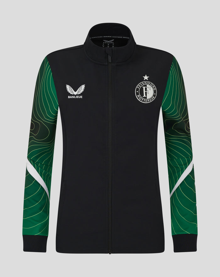 Black zip front Anthem jacket for women with green sleeves and white accents, Banlieue logo on the chest and the Feyenoord crest.