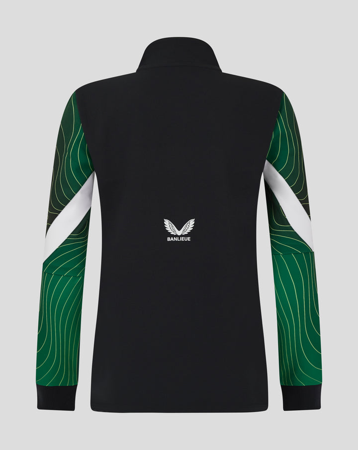 Back view of the black Banlieue Anthem jacket with green patterned sleeves and white Banlieue emblem.
