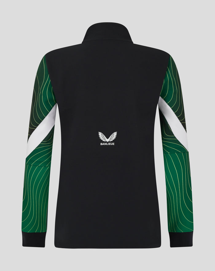 Back view of the black Banlieue Anthem jacket with green patterned sleeves and white Banlieue emblem.