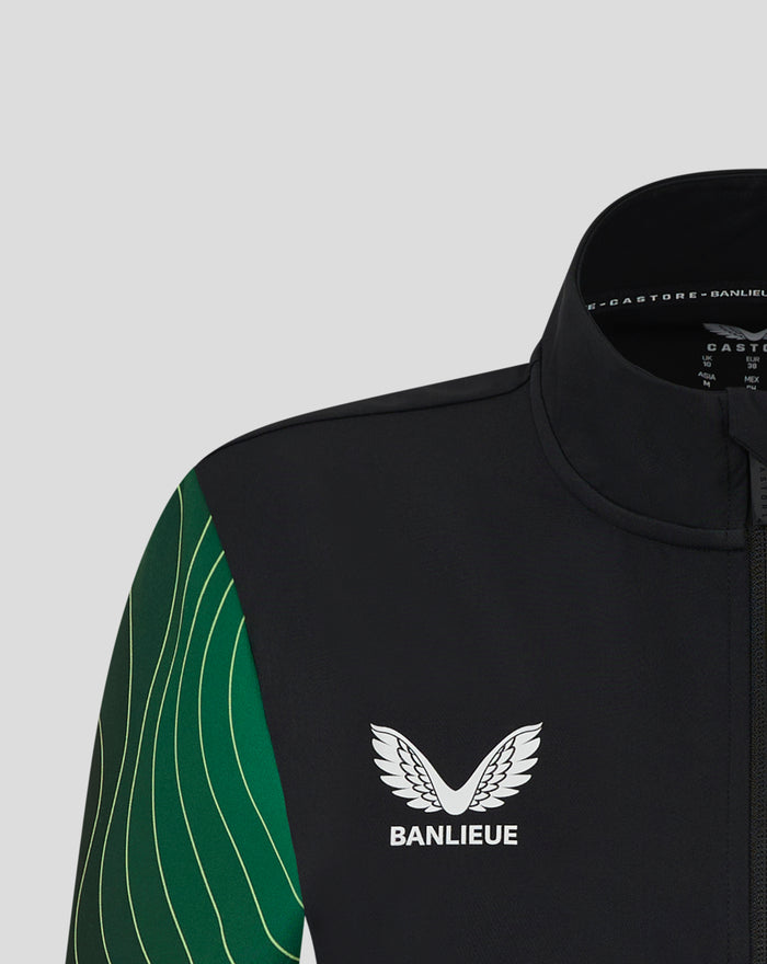 Neckline close up of women's Feyenoord Banlieue Matchday Anthem jacket in black with green sleeve visible