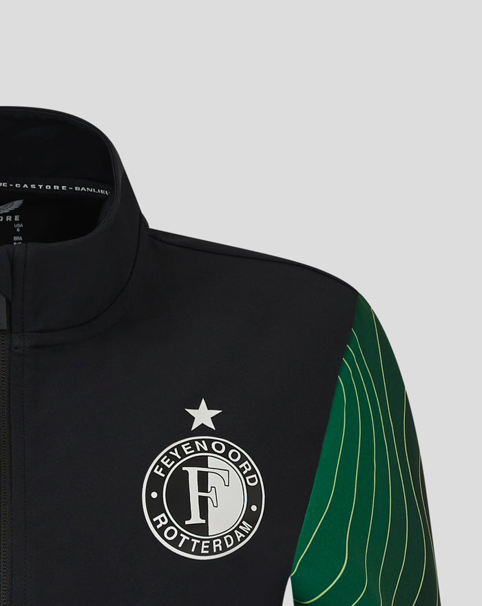 Close up of women's Feyenoord Banlieue Matchday Anthem jacket in black with green sleeves and crest