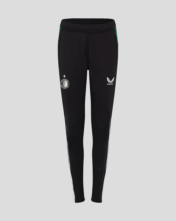 Black women's matchday shorts with green side panels showing the club crest on the left thigh and Banlieue emblem on the right