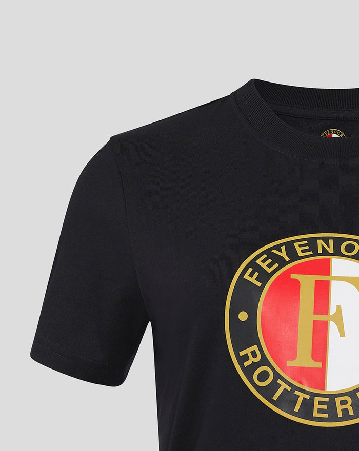 Close up of women's black Feyenoord Core Logo T-shirt showing the large circular crest on the front